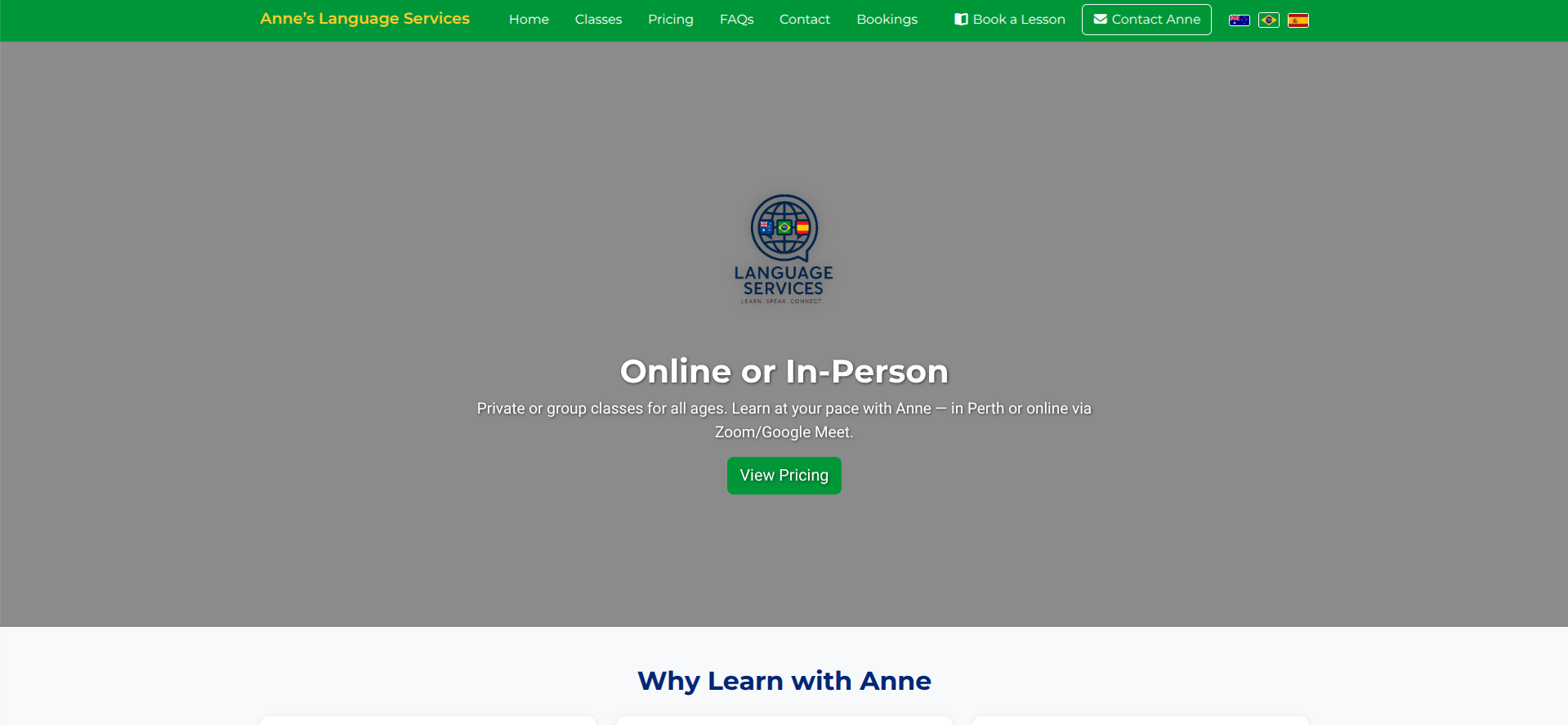 Website for Anne's Language Services with booking enquiries and multilingual layout